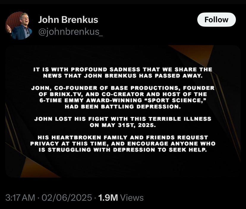 Official announcement of John Brenkus Passing 