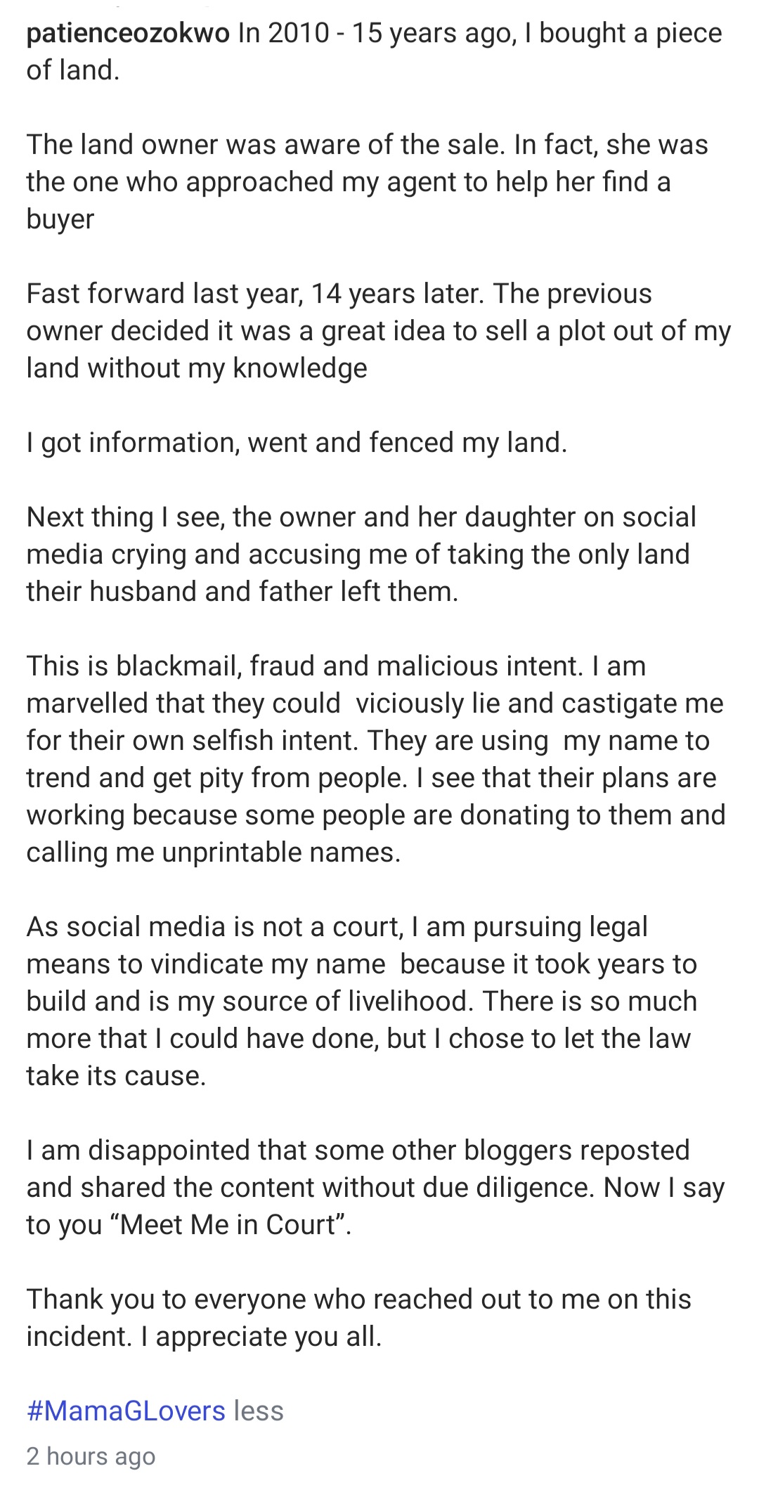 Patience Ozokwo Responds To Allegations She Collected A Widow’s Land Forcefully
