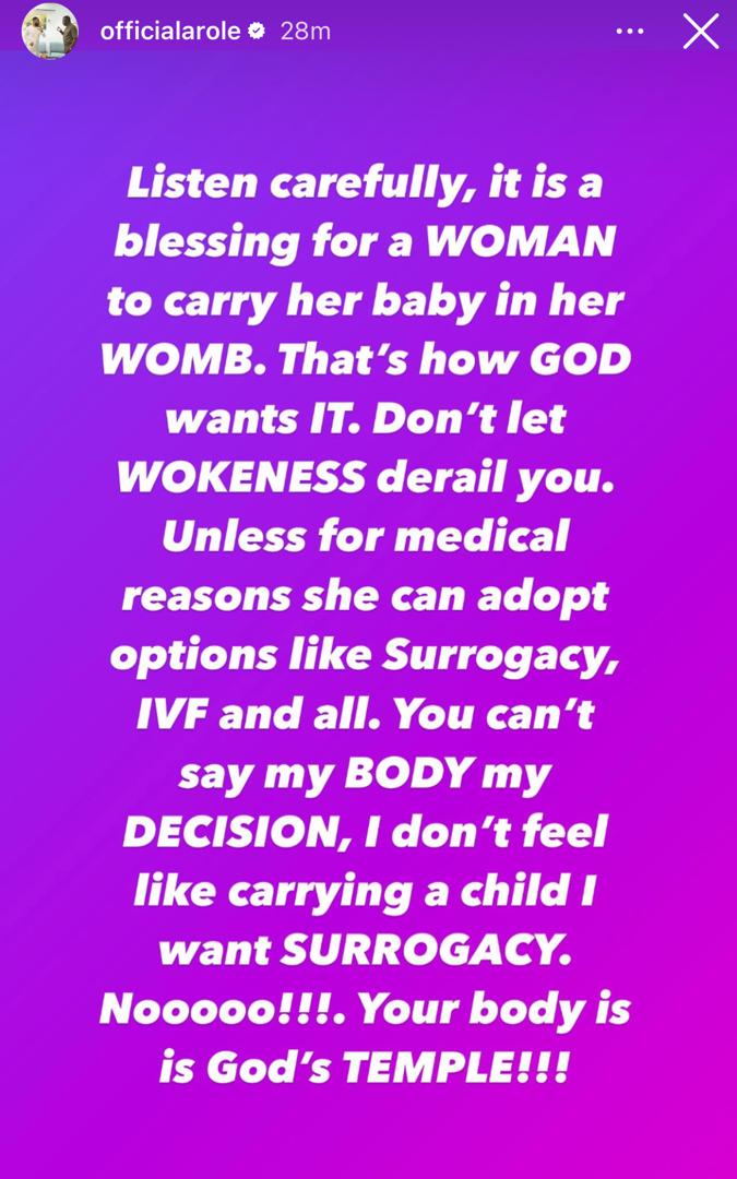 Woli Arole Kicks Against Surrogacy, Says It’s God’s Will For Women To Carry Their Children!