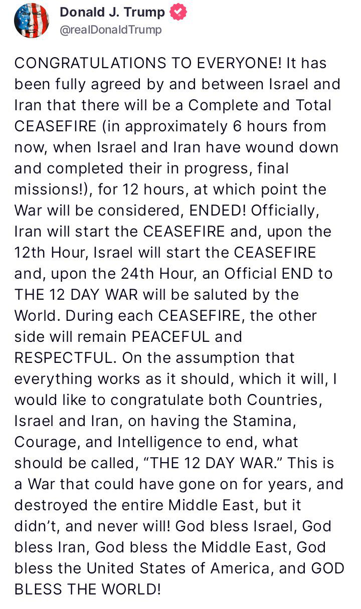 President Trump Announces Complete Ceasefire In The Israel-Iran War!