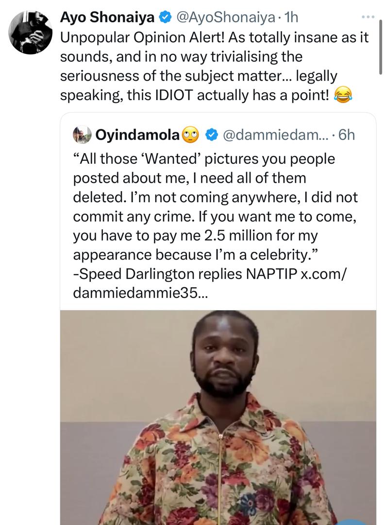 Speed Darlington Refuses NAPTIP Invite, Lawyer Says He Is Legally Right!