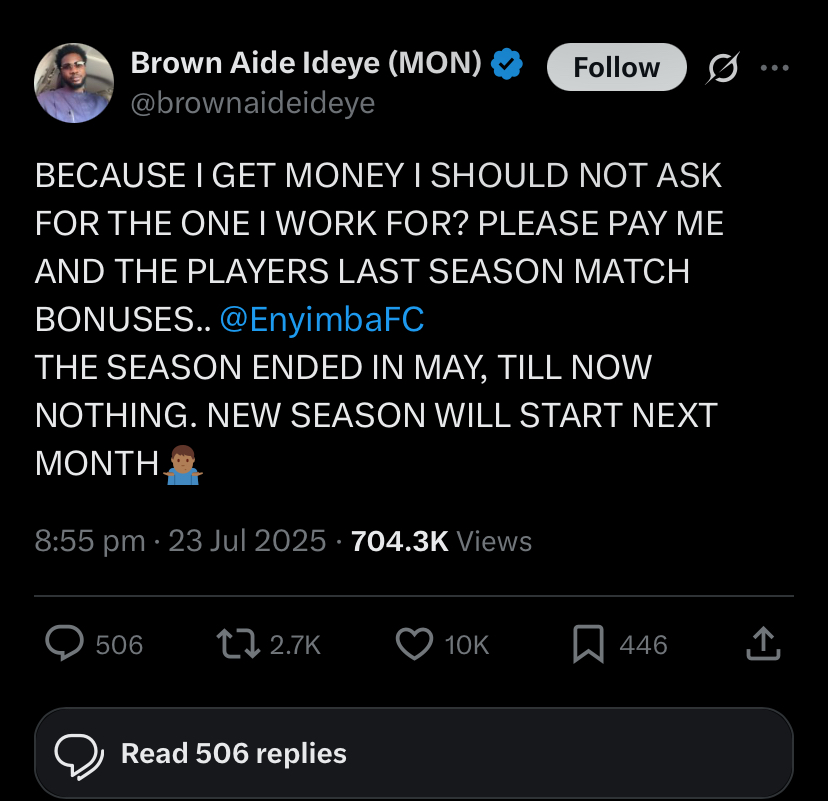 Former Striker, Brown Ideye, Calls Out Enyimba Over Unpaid Debt